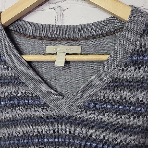 Nordstrom Sweater Vest Mens XL 100% Merino Wool Gray Striped Academia Prep - Picture 3 of 8